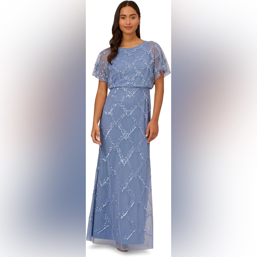 NWT! Adrianna Papell French Blue Beaded Blouson Long Dress size 10